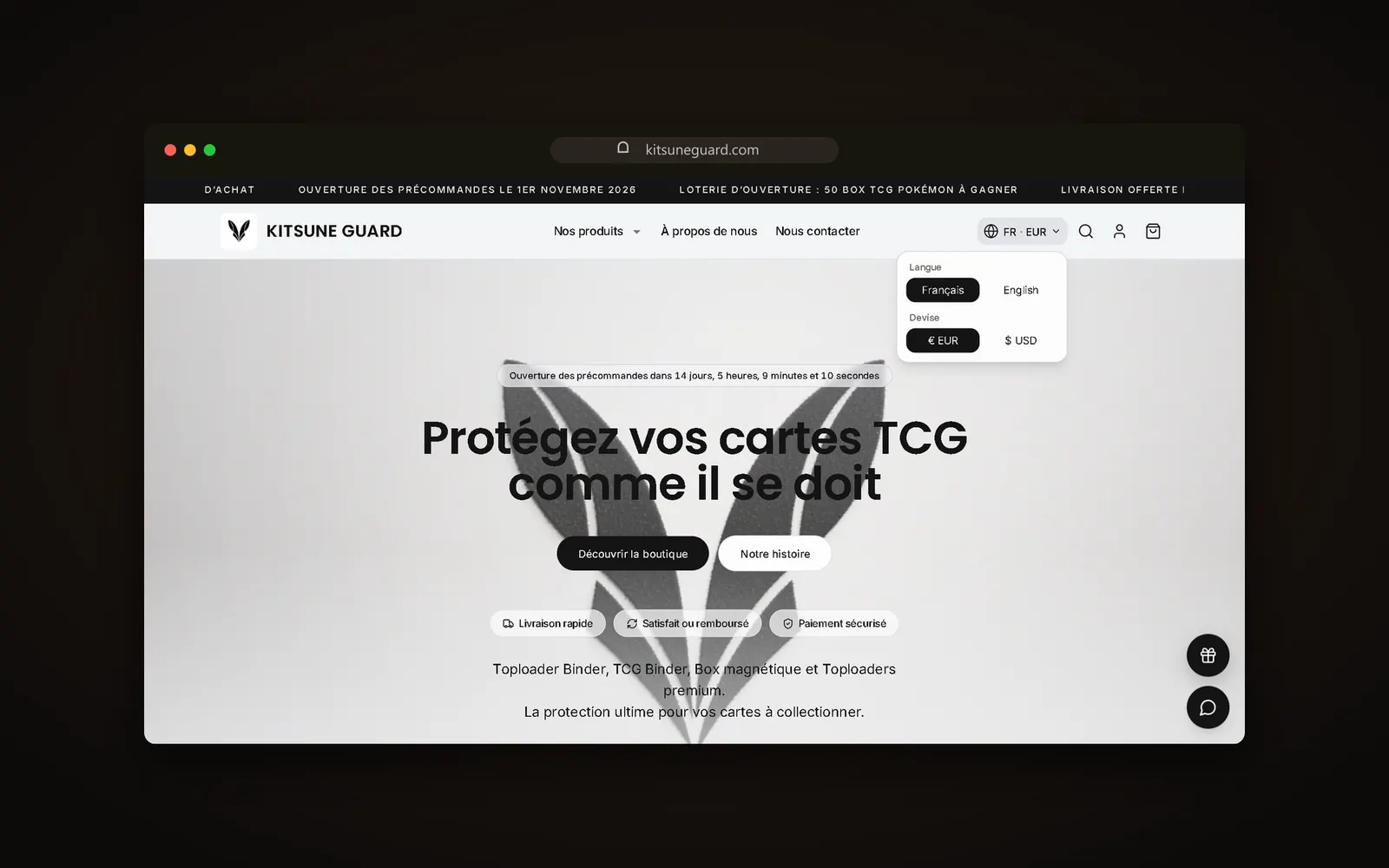 Accueil de KITSUNE GUARD, avec le sélecteur de langue et de devise ouvert : français ou anglais, euro ou dollar
