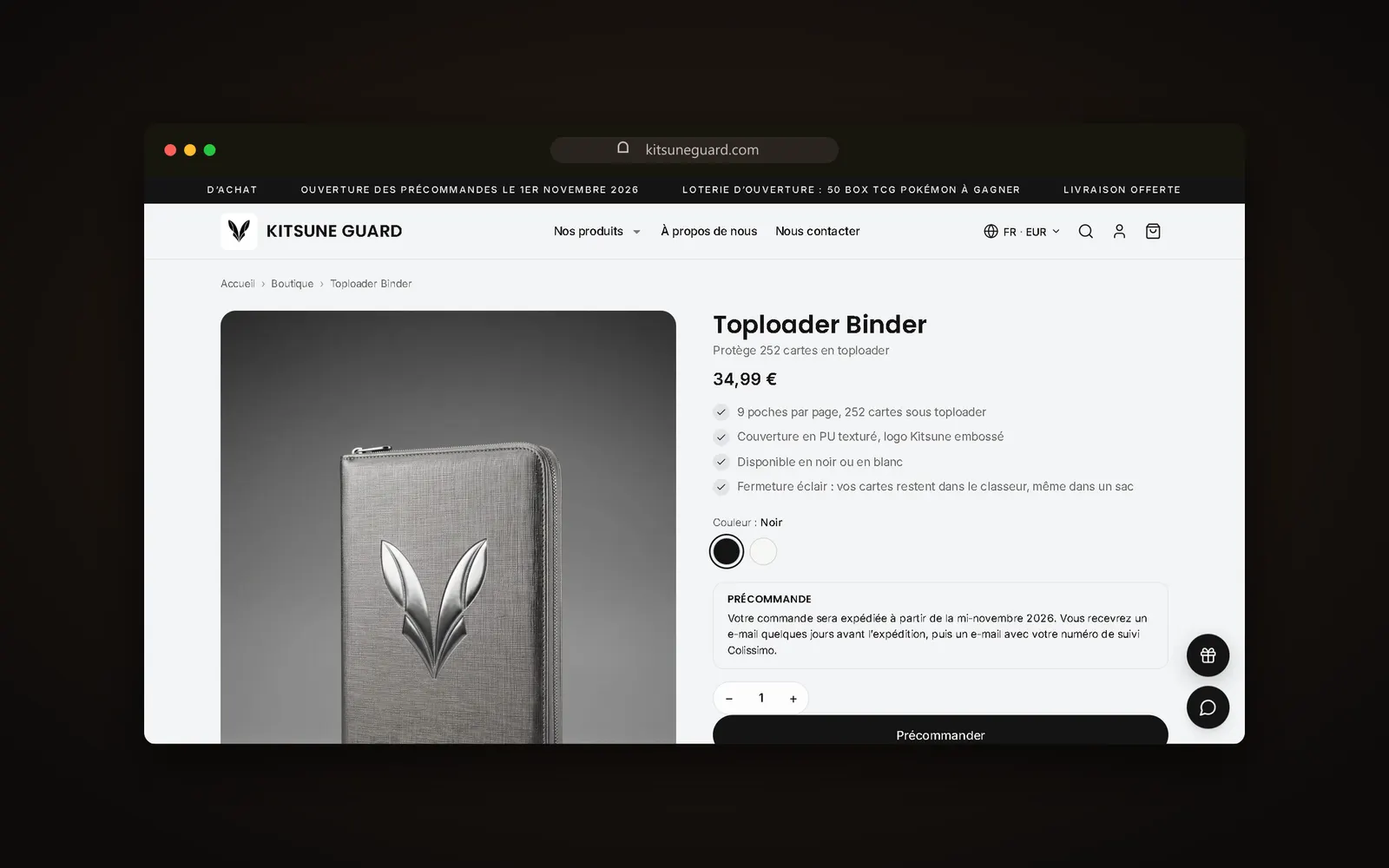 Fiche produit KITSUNE GUARD : Toploader Binder à 34,99 €, choix de la couleur et encart de précommande