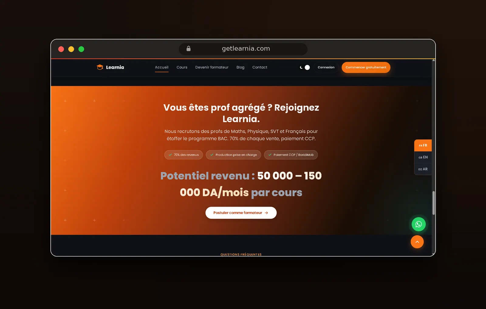 Espace formateurs avec tableau de bord des revenus