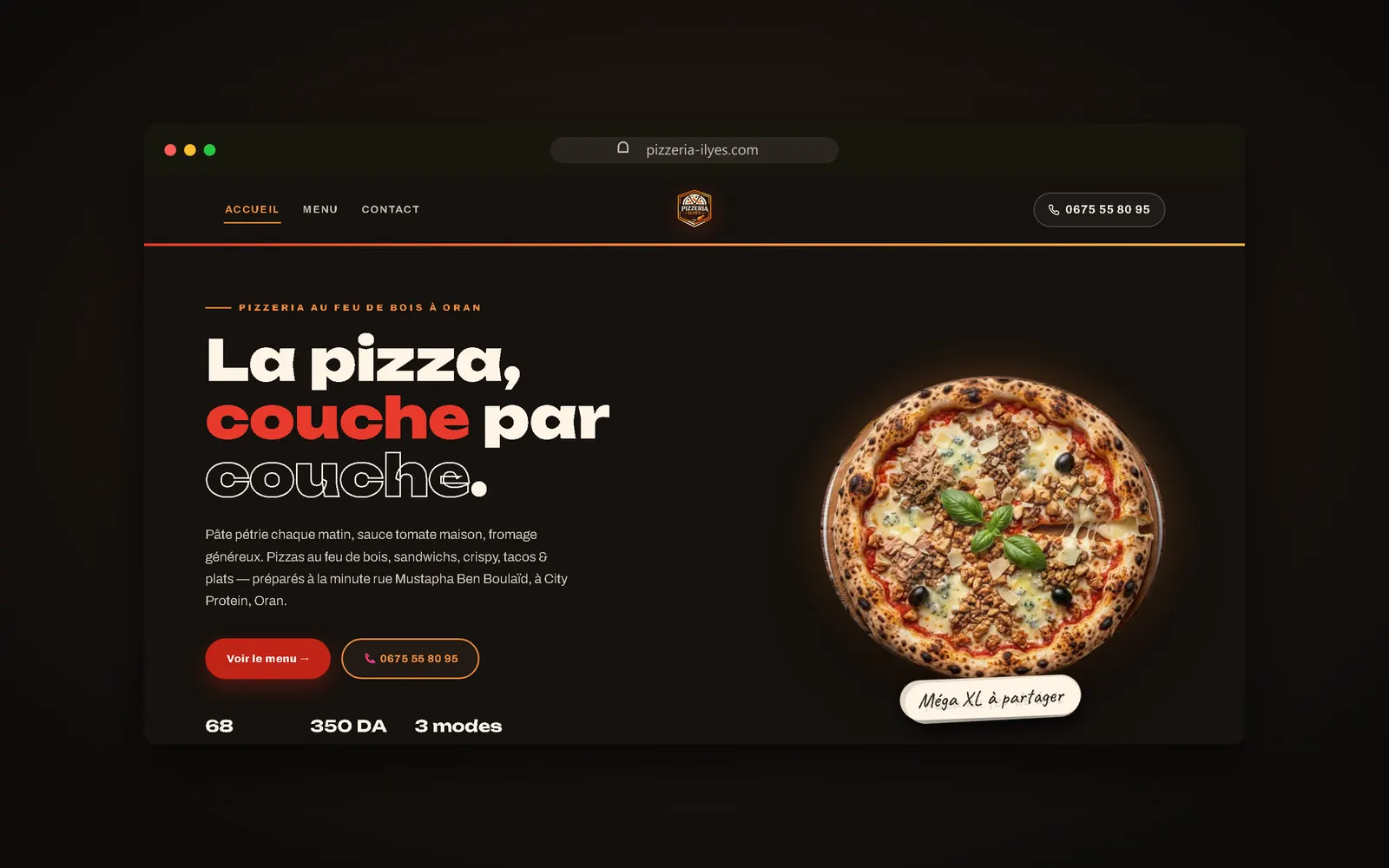 Page d’accueil du site Pizzeria ILYES, pizza au feu de bois