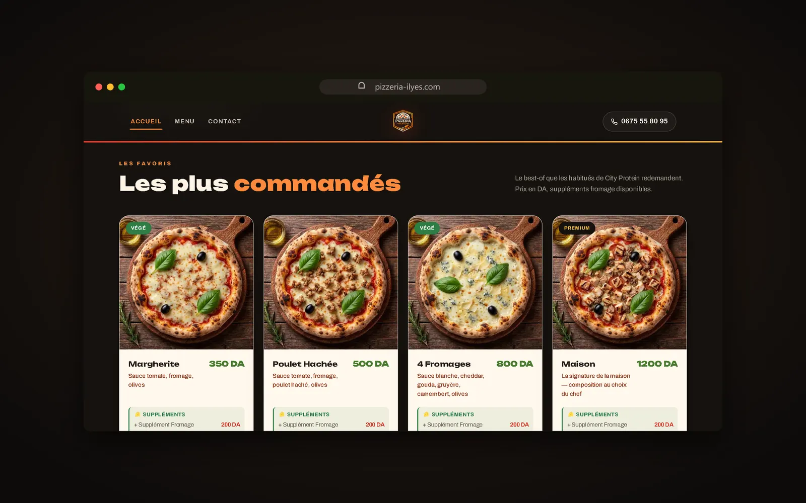 Cartes produits avec prix et suppléments