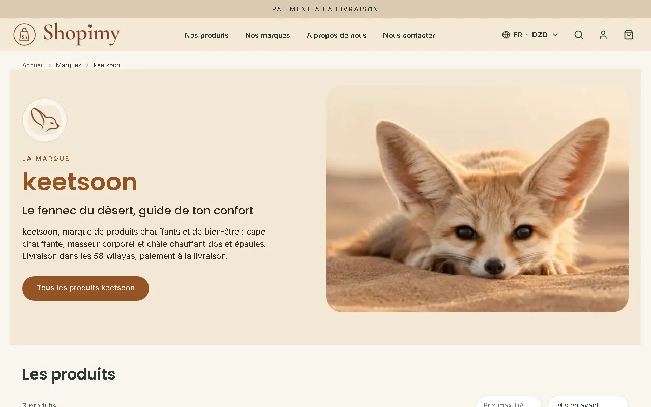 Page de la marque keetsoon sur Shopimy : produits chauffants et bien-être